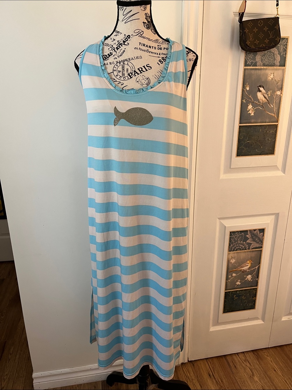 Striped Light Blue & White Maxi Swim Coverup Dress
